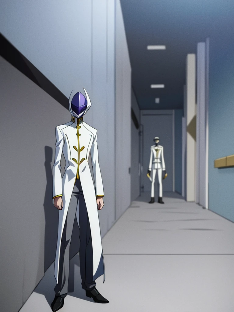 Male, teenager, officer, wearing white and grey clothes, a lapel, and a mask, athletic build, hands in pockets, standing at attention, daytime hall setting, lone figure, facing viewer, fully in frame, full body shot, Code Geass style, codeGeass, CODEGEASS