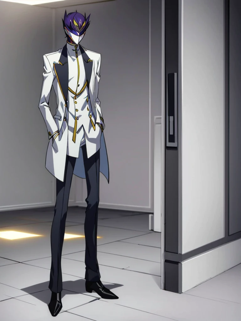 Male, teenager, officer, wearing white and grey clothes, a lapel, and a mask, athletic build, hands in pockets, standing at attention, daytime hall setting, lone figure, facing viewer, fully in frame, full body shot, Code Geass style, codeGeass, CODEGEASS