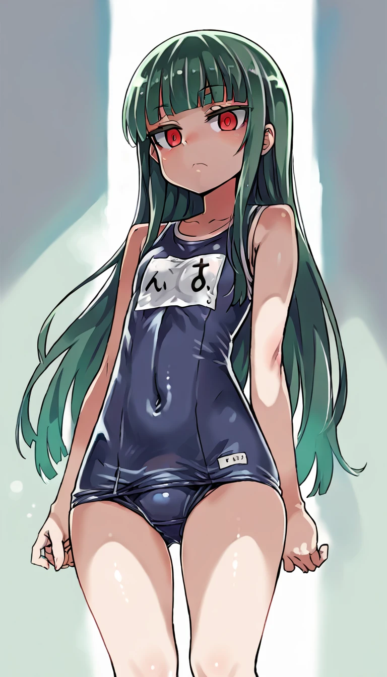 score_9, score_8_up, source_アニメ,アニメ style,empty eye,Green Hair,Red eyes,blunt bangs,long hair,Very young,cool eye,((1girl)),shiny skin,School swimsuit,Lewd