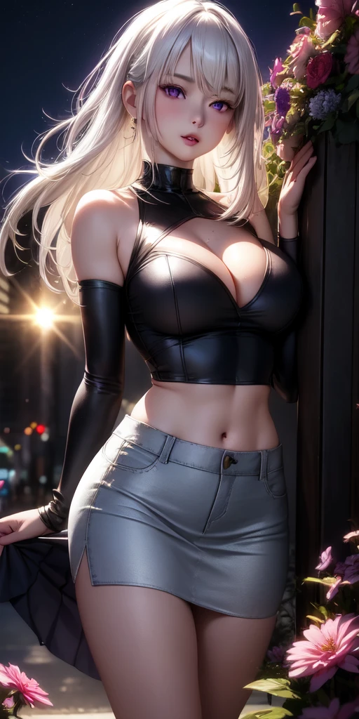 realistic, 1girl, white hair, purple eyes, glowing eyes, crop top, skirt, parted lips, blush, night, flowers, sun, sunlight,