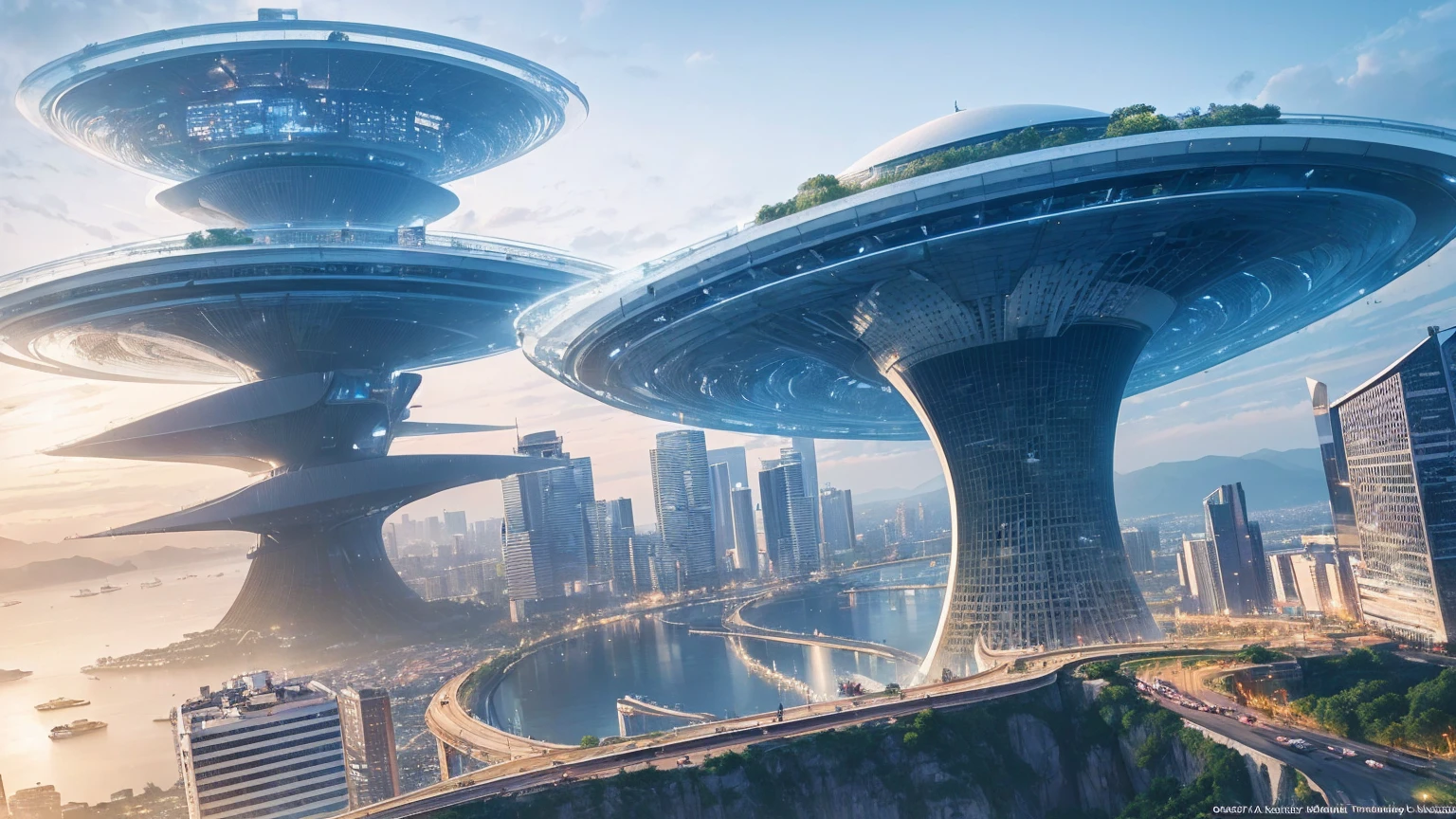 (Best quality,4K,8K,A high resolution,Masterpiece:1.2),Ultra-detailed,(Realistic,Photorealistic,photo-realistic:1.37),Futuristic floating city,Futuristic technology,Huge urban high-tech tablet platform,Airship,Floating in the sky,Futuristic city,Small airships around,High-tech hemispherical platform,Colorful lights,Advanced architecture,modernn architecture,skyscrapper,Access the cloud,Scenic beauty,view over city,Impressive design,Blend seamlessly with nature,energetic and vibrant atmosphere,Futuristic transportation system,Parking is suspended,Transparent path,Lush greenery,Sky gardens,cascading waterfalls,Magnificent skyline,reflections on the water,Sparkling river,Architectural innovation,futuristic skyscrapers,Transparent dome,The shape of the building is unusual,Elevated walkway,Impressive skyline,Glowing lights,Futuristic technology,Minimalist design,Scenic spots,Panoramic view,Cloud Piercing Tower,Vibrant colors,epic sunrise,epic sunset,Dazzling light display,magical ambiance,The future city,Urban Utopia,LuxuryLifestyle,Innovative energy,sustainable development,Smart city technology,Advanced infrastructure,Tranquil atmosphere,Nature and technology live in harmony,Awesome cityscape,Unprecedented urban planning,Architecture connects seamlessly with nature,High-tech metropolis,A cutting-edge engineering marvel,The future of urban living,Visionary architectural concept,Energy-efficient buildings,Harmony with the environment,A city floating above the clouds,Utopian dreams become reality,The possibilities are endless,State-of-the-art transportation network,Green energy integration,Innovative materials,Impressive holographic display,Advanced communication system,Breathtaking aerial view,Quiet and peaceful environment,Modernist aesthetics,Ethereal beauty