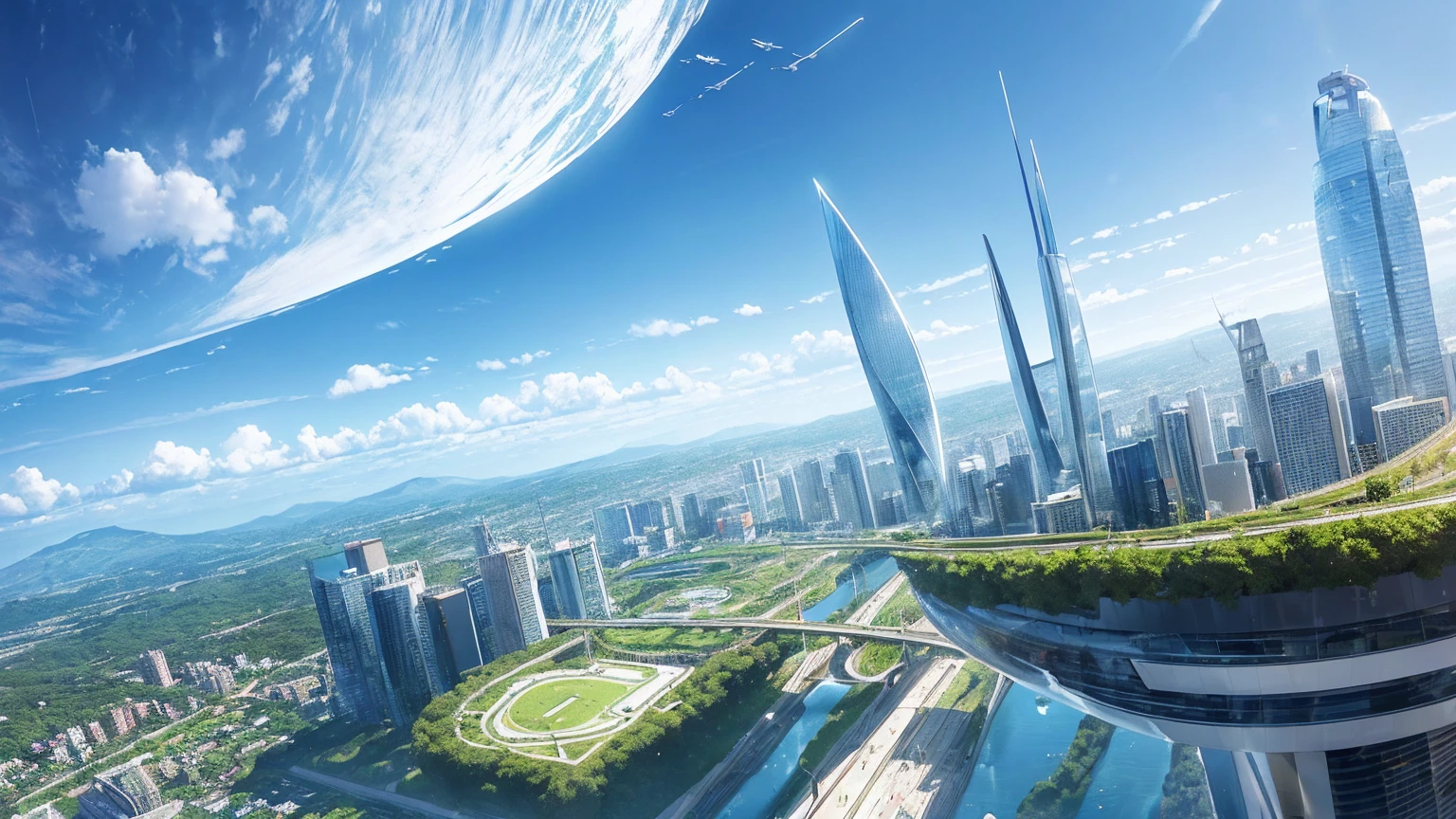 (Best quality,4K,8K,A high resolution,Masterpiece:1.2),Ultra-detailed,(Realistic,Photorealistic,photo-realistic:1.37),Futuristic floating city,Futuristic technology,Huge urban high-tech tablet platform,Airship,Floating in the sky,Futuristic city,Small airships around,High-tech hemispherical platform,Colorful lights,Advanced architecture,modernn architecture,skyscrapper,Access the cloud,Scenic beauty,view over city,Impressive design,Blend seamlessly with nature,energetic and vibrant atmosphere,Futuristic transportation system,Parking is suspended,Transparent path,Lush greenery,Sky gardens,cascading waterfalls,Magnificent skyline,reflections on the water,Sparkling river,Architectural innovation,futuristic skyscrapers,Transparent dome,The shape of the building is unusual,Elevated walkway,Impressive skyline,Glowing lights,Futuristic technology,Minimalist design,Scenic spots,Panoramic view,Cloud Piercing Tower,Vibrant colors,epic sunrise,epic sunset,Dazzling light display,magical ambiance,The future city,Urban Utopia,LuxuryLifestyle,Innovative energy,sustainable development,Smart city technology,Advanced infrastructure,Tranquil atmosphere,Nature and technology live in harmony,Awesome cityscape,Unprecedented urban planning,Architecture connects seamlessly with nature,High-tech metropolis,A cutting-edge engineering marvel,The future of urban living,Visionary architectural concept,Energy-efficient buildings,Harmony with the environment,A city floating above the clouds,Utopian dreams become reality,The possibilities are endless,State-of-the-art transportation network,Green energy integration,Innovative materials,Impressive holographic display,Advanced communication system,Breathtaking aerial view,Quiet and peaceful environment,Modernist aesthetics,Ethereal beauty
