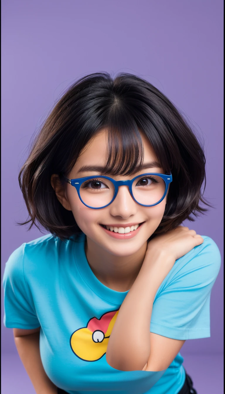 One girl, Round Glasses, Big glasses, smile, Looking into the camera, Short, unkempt hair, Dark skin, Round eyes, Cyan Blue Shirt, Black shorts, close, Magazine shots, Dynamic pose