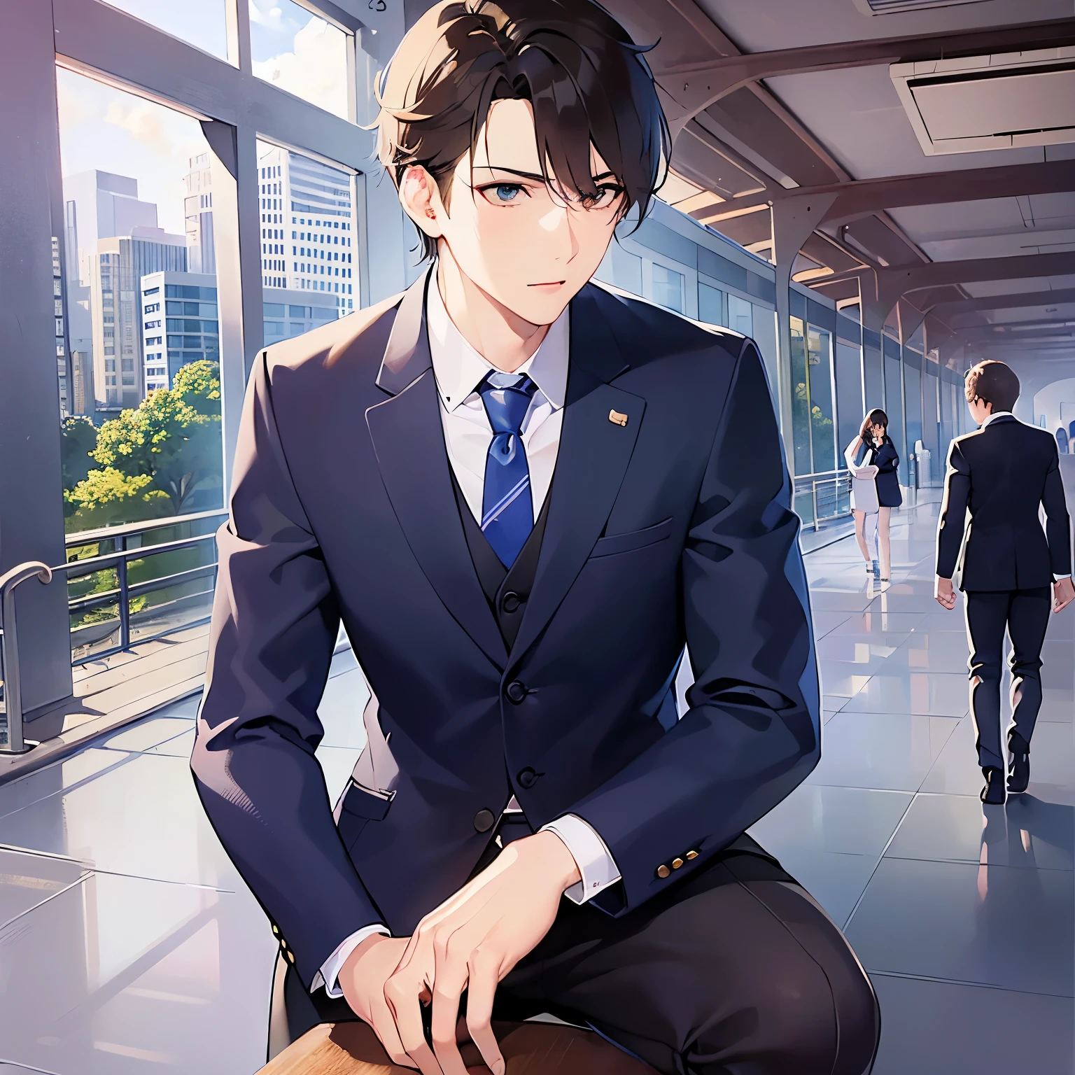 upper body、shiny skin、masterpiece、Highest quality、(25-year-old male:1.5) and (Brown short hair) and (Green Eyes), (Wearing a suit:1.3) and (Blue tie)、Crouching、(worry:1.3)、open mouth, The background is a train station platform.、(Alone:1.5)、Upper body is shown、