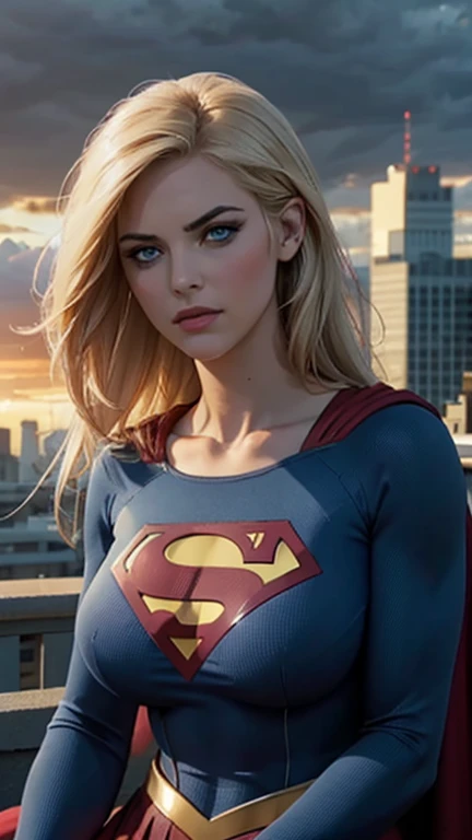 a supergirl sitting on a rooftop building, lost in deep thought, looking at the city, beautiful detailed eyes, beautiful blue eyes, both eyes are similar, beautiful detailed lips, extremely detailed face, long eyelashes, beautiful detailed costume, blonde hair, big breasts, dynamic pose, cinematic lighting, epic cityscape, moody atmosphere, dramatic shadows, vibrant colors, photorealistic, 8k, best quality, hyper detailed, masterpiece