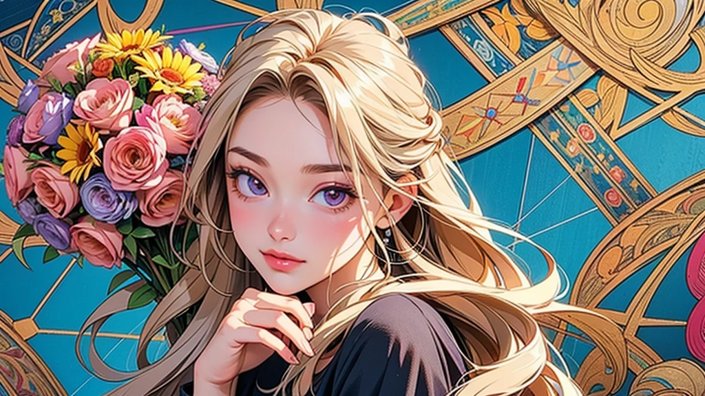 (ultra-Detailed Background, Detailed Background), Absurd, High resolution, Super detailed, Very detailed, One girl, (bouquet:1.3), (Tangled:1.2), (Geometric:1.2),(colorful),