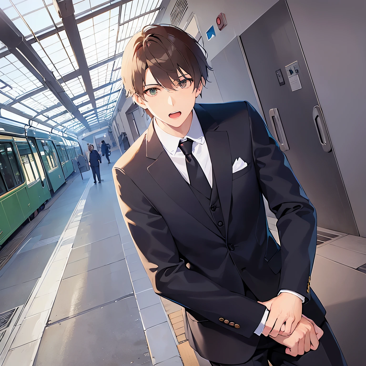 upper body、shiny skin、masterpiece、Highest quality、(25-year-old male:1.5) and (Brown short hair) and (Green Eyes), (Wearing a suit:1.3) and (Blue tie)、Crouching、(worry:1.3)、open mouth, The background is a train station platform.、(Alone:1.5)、Upper body is shown、
