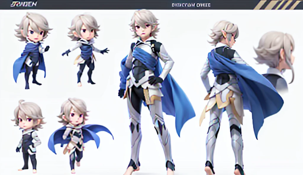 model reference sheet of anime boy, tall, corrin, male, white background, tall chibi, big hands and feet, defCor, armor, blue cape, vambraces, black gloves, armored legwear, barefoot, turnaround