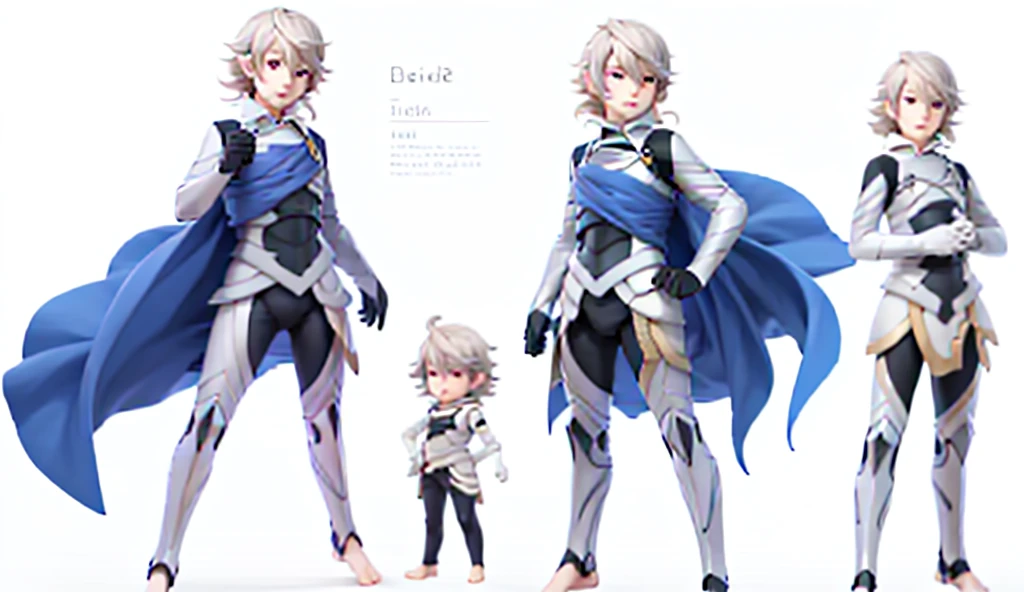 model reference sheet of anime boy, tall, corrin, male, white background, tall chibi, big hands and feet, defCor, armor, blue cape, vambraces, black gloves, armored legwear, barefoot, turnaround