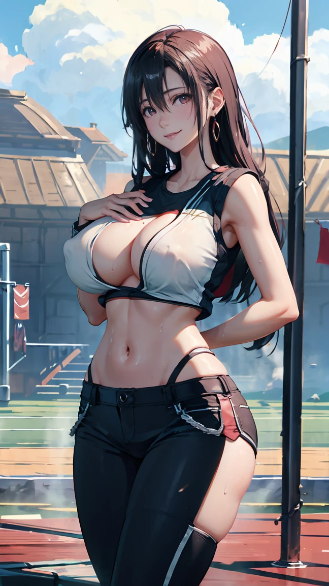 ((((highest quality)))), (((Ultra-precision CG 16K))), (((masterpiece))), (((Very detailed))), (((Extremely detailed))), (((Black outline:1.3, Written boundary depth:1.3 , Written soft outline))), Maximum clarity and sharpness,Multilayer Texture, Surface Shading, Cinematic lighting, Beautiful details sparkle ,Perfect Proportions, Limited to three woman, BREAK accurate, Anatomically correct, Highly detailed face and skin texture, drawn in detail, Highly detailed facial and skin texture, Detailed eyes, beautiful hair, Beautiful Japanese Idol face, Beautiful and beautiful eyes, Beautiful body, Beautiful breasts, Beautiful thighs, Beautiful legs, Beautiful fingers, (Beautiful views) , skinny body, ((Beautiful Skin)), ((Skin Texture)) BREAK breast enlarged, large Breasts, rocket breasts, (((perky breasts))), covered nipples ,slender waist, (smiling , narrow eyes, blush, determined expression, hot, sweaty , Heavy breathing,) BREAK (((no-bra, wearing football uniform, sportswear, hot pants with slits, breast is covered by outfit))) , wearing earrings, BREAK ( stick breast out),(((a girl on playground:1.3 ,looking at viewer, super detailed background , summer sky ))),