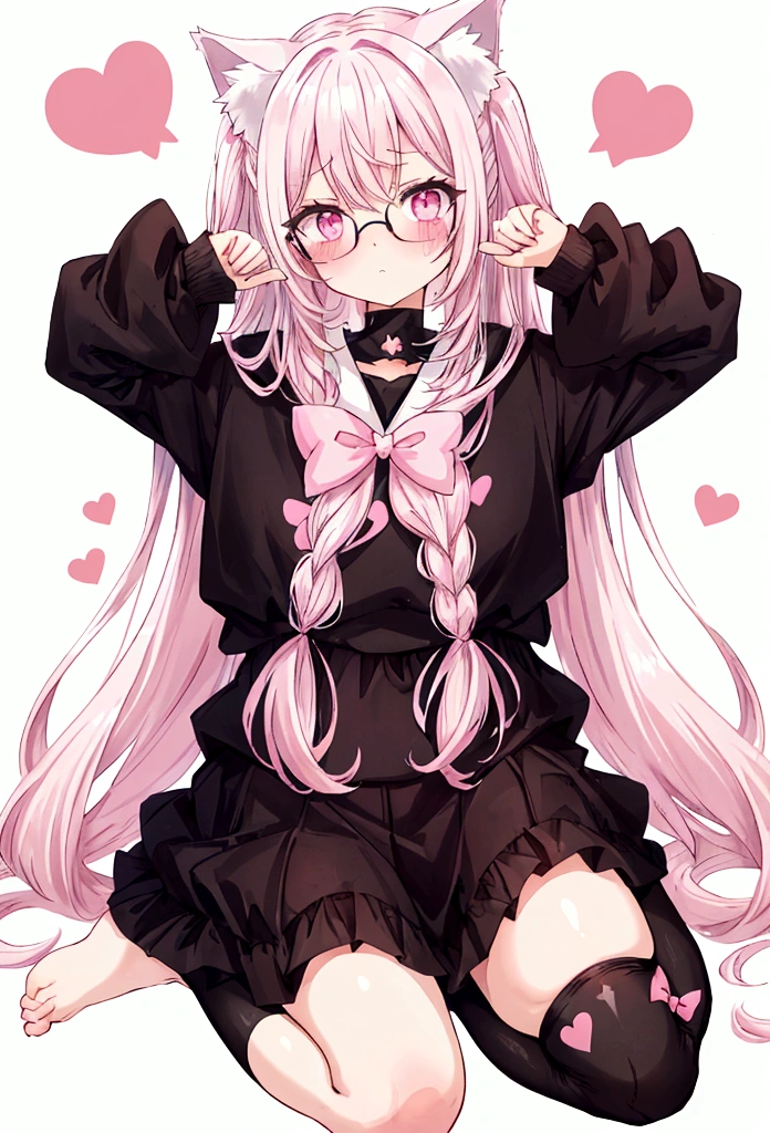 I have white pink hair, cat ears, a bow, my face is super blushing, black glasses, pink heart eyes, a big pink sweatshirt, a black skirt, black stockings, what&#39;s up, barefoot, a cat&#39;s tail, a girl Very shy