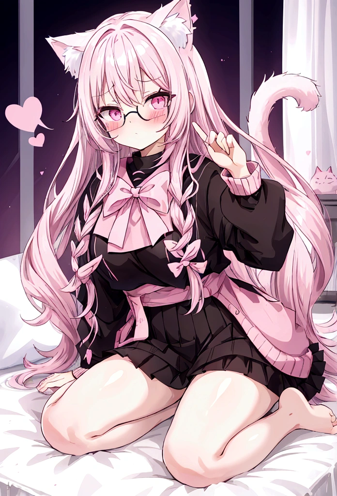 I have white pink hair, cat ears, a bow, my face is super blushing, black glasses, pink heart eyes, a big pink sweatshirt, a black skirt, black stockings, what's up, barefoot, a cat's tail, a girl Very shy