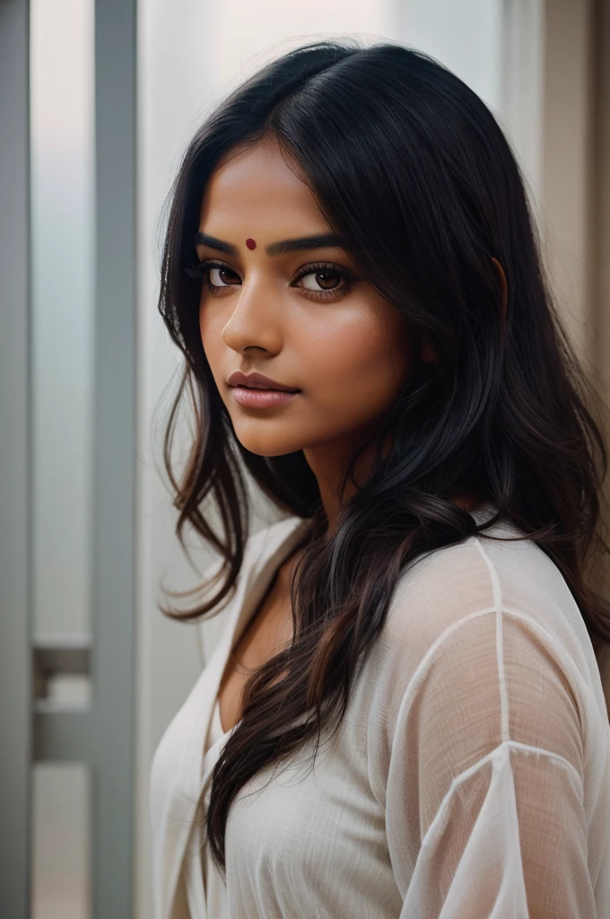 proFessional portrait photograph oF a gorgeous indian girl in with long wavy black hair,Oeil brown, black eyes,sulty Flirty look, gorgeous symmetrical Face, joli maquillage naturel, ,au lit, ultra réaliste, art conceptuel, élégant, très détaillé, complexe, sharp Focus, depth oF Field, F/1. 8, 85mm, Coup moyen, plan médian, (((proFessionally color graded))), bright soFt diFFused light, (volumetric Fog), tendance sur Instagram, hdr 4k, 8k