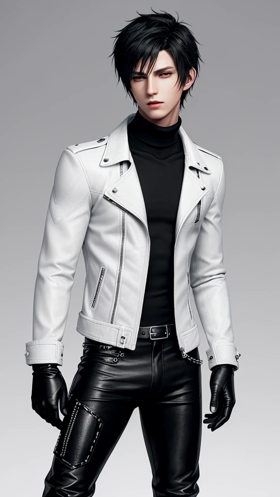 Final fantasy taste and reality graphics, Japanese young cute and cool ikemen boy, his age is early 20s, thin eyebrows and beady eyes, he wearing off white color leather thick singlebrest biker jacket, with epaulet, must close the front of the leather jacket, jacket is biker style, jacket is voluminous, , jacket collar is high length stand-up collar with belts, jacket is a little black line pattern,close the front of the jacket, also wearing black thick turtleneck lackluster shirts, tight black leather pants, shiny black leather tight and thin glove, black leather knee-high raceup boots,must views head-to-toe,must views whole body, boy looks like fashion model,Do not show skin from the neck down,leather jacket leather glove and leather pants have few wrinkles,boy in the room,
