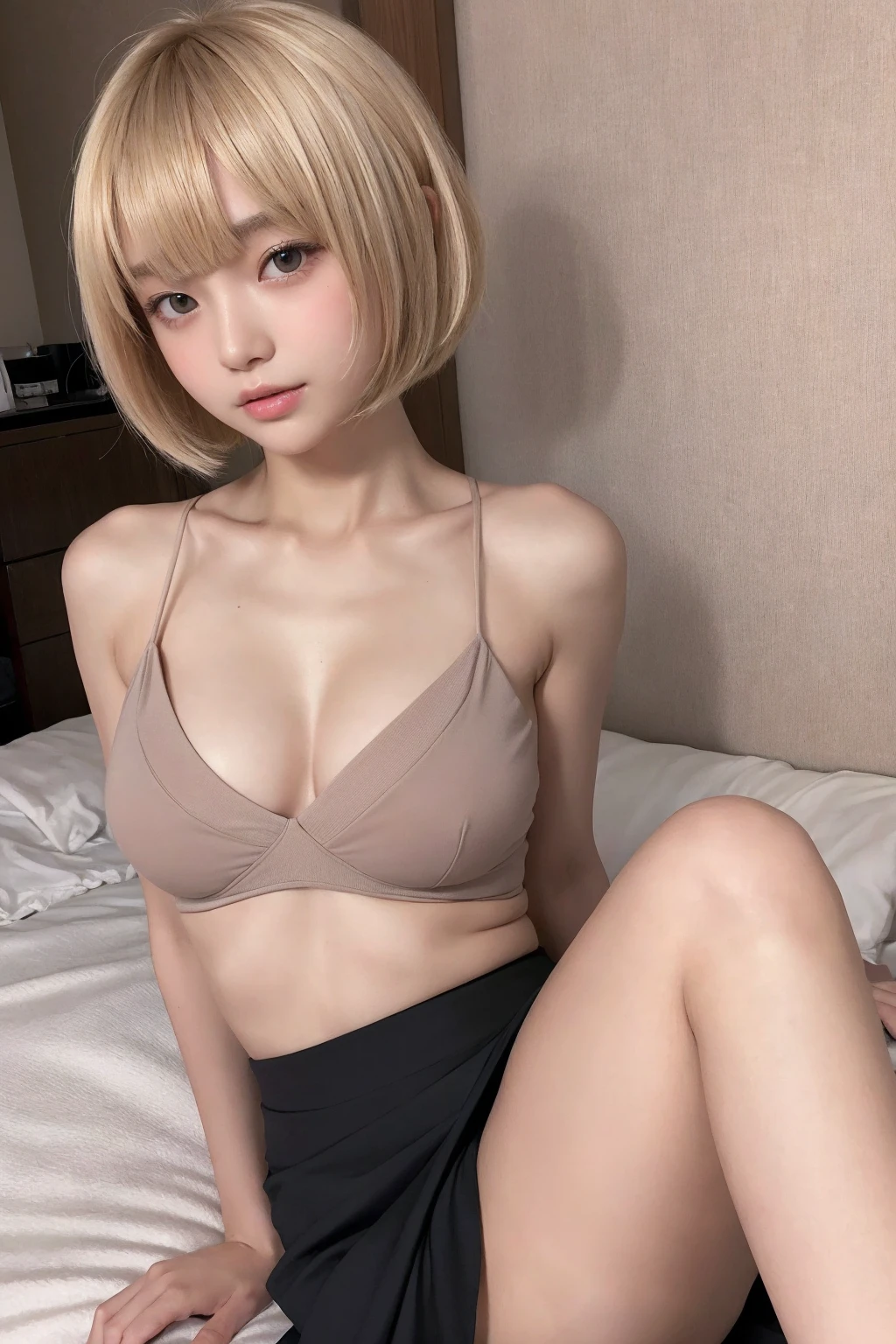 (((masterpiece, Highest quality, Very detailed))), 1 female, (((Very thin body))) , (((length, Thin legs))), (((Blonde Short Hair, Thick and fluffy bangs ))), (((Very detailedな顔))), Cosmetics Free, small, Thin Nose, small thin mouth, (((Extremely sharply focused eyes))), Japanese, Beautiful Face, (Lively Faces), Beautiful Hairstyles, Realistic eyes, Beautiful and beautiful eyes, Slightly dark skin,(Realistic Skin), (skirt suit),On the bed,Her breasts are protruding