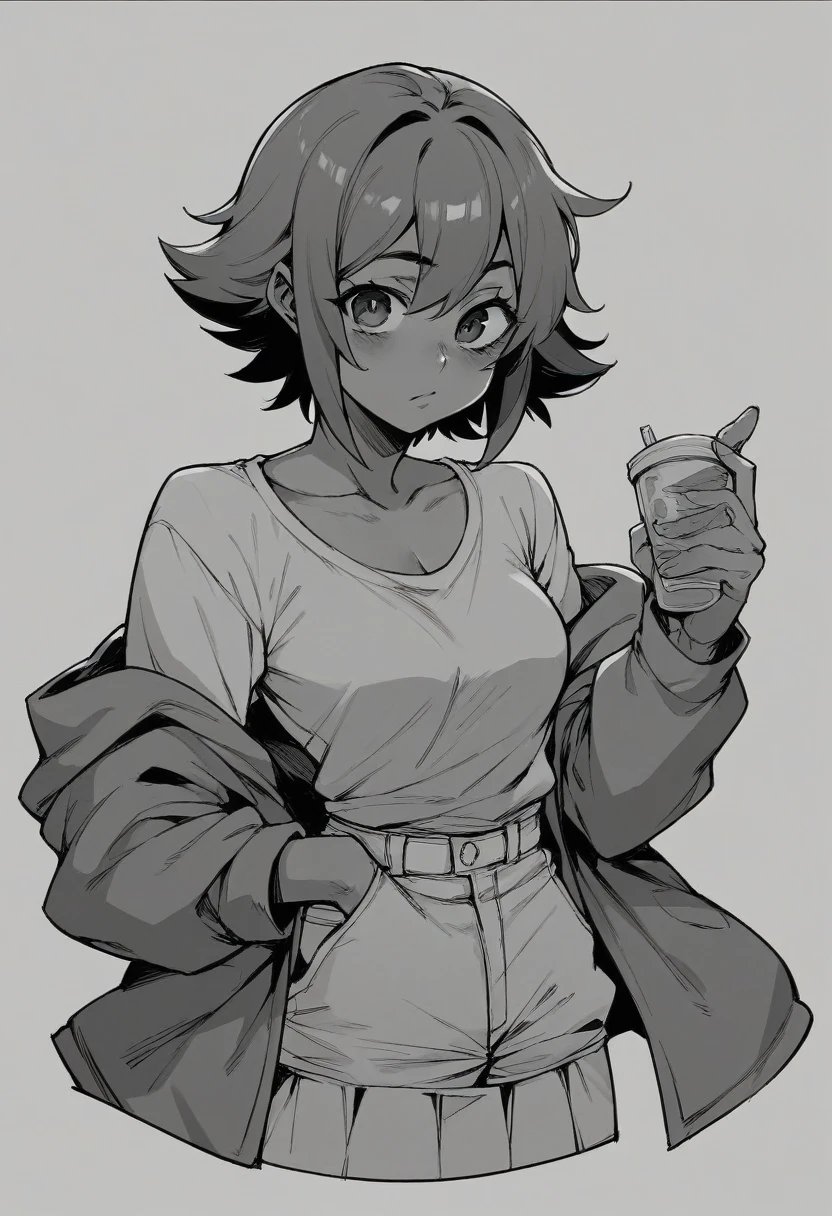 schoogirl, monochrome, black and white, manga, white lineart