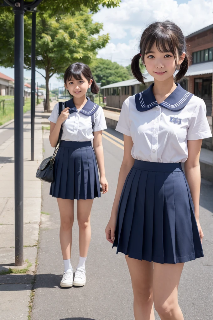 girls in rural railway station,train on far side,cumulonimbus cloud in summer sky,short-sleeved white shirt with sailor collar,navy blue pleated skirt,school bag,18-year-old,bangs,a little smile,thighs,knees,short hair with low pigtails bunches,from beside,front light
