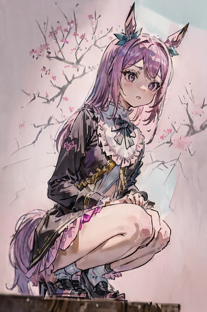 ((((pink panties)))),panties focus,mejiro mcqueen, purple hair,horse ears, ear ribbon, horse tail,frills, black jacket, bowtie, long sleeves, black skirt,sit with your heels on the ground、hold your knees with both hands,open legs,squating,(((straight-on))),nsfw