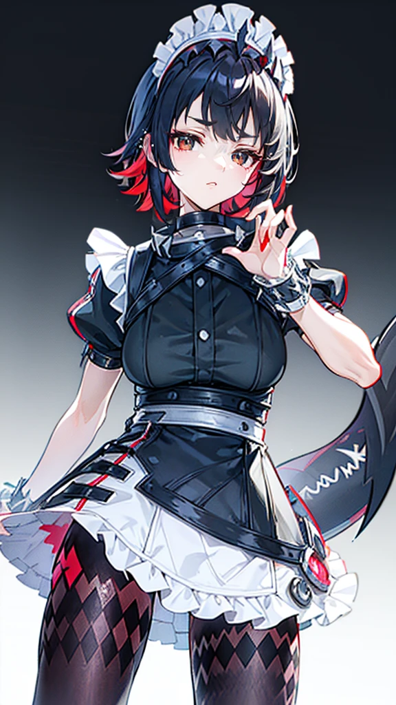 1girl, ager, feminime, goth girl, high quality, fine detail, professional illustration, masterpiece, dynamic angle, young face, girlfriend, tomboy, emo girl, smooth body, young face, dark eyeliners, choker, red background, anime style, teasing, two color hair, sex appeal, dominating, sexually suggestive, dominant, thigh, ellen joe, black hair, colored inner hair, multicolored hair, (red eyes:1.3), red hair, short hair, two-tone hair, apron, black pantyhose, black shirt, black skirt, ear piercing, fins, fish tail, maid, maid apron, maid headdress, pantyhose, piercing, puffy short sleeves, puffy sleeves, shark girl, shark tail, shirt, short sleeves, skirt, tail, two-tone hair, wrist cuffs, from below