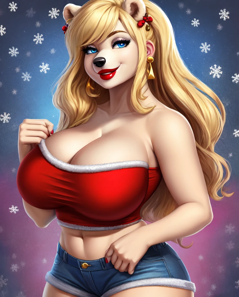 Blonde polar bear woman, wearing a Christmas tube top and jean shorts, perfect face, blue eyes, big breasts, cleavage, three-quarter view, solo, smile, perfect detailed body, red lipstick, gold earrings,