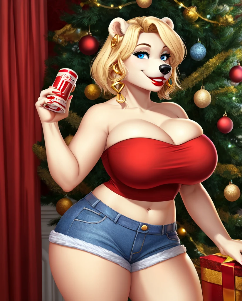 Blonde polar bear woman, wearing a Christmas tube top and jean shorts, perfect face, blue eyes, big breasts, cleavage, three-quarter view, solo, smile, perfect detailed body, red lipstick, gold earrings,