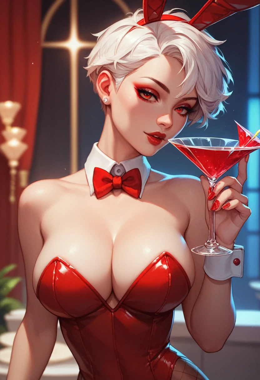 very pretty woman, short hair that reaches shoulder length, Red eyes, big breasts, red sexy bunny costume, alone, asking for a kiss, Red lips, red eyeliner, artificial nails, expensive jewelry, very beautiful, martini, a very elegant white hotel room