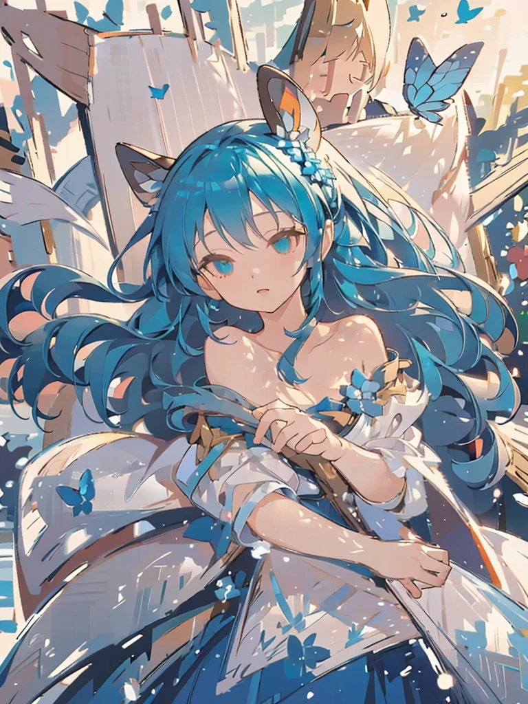 bust-up, 1girl, tosca blue hair, butterfly picking up the strands of her hair, blue flower, deer ears, white deer antlers, elegant white dress, splash cool background, solo, sketch, portrait, dynamic pose