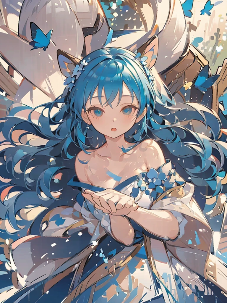 bust-up, 1girl, tosca blue hair, butterfly picking up the strands of her hair, blue flower, deer ears, white deer antlers, elegant white dress, splash cool background, solo, sketch, portrait, dynamic pose