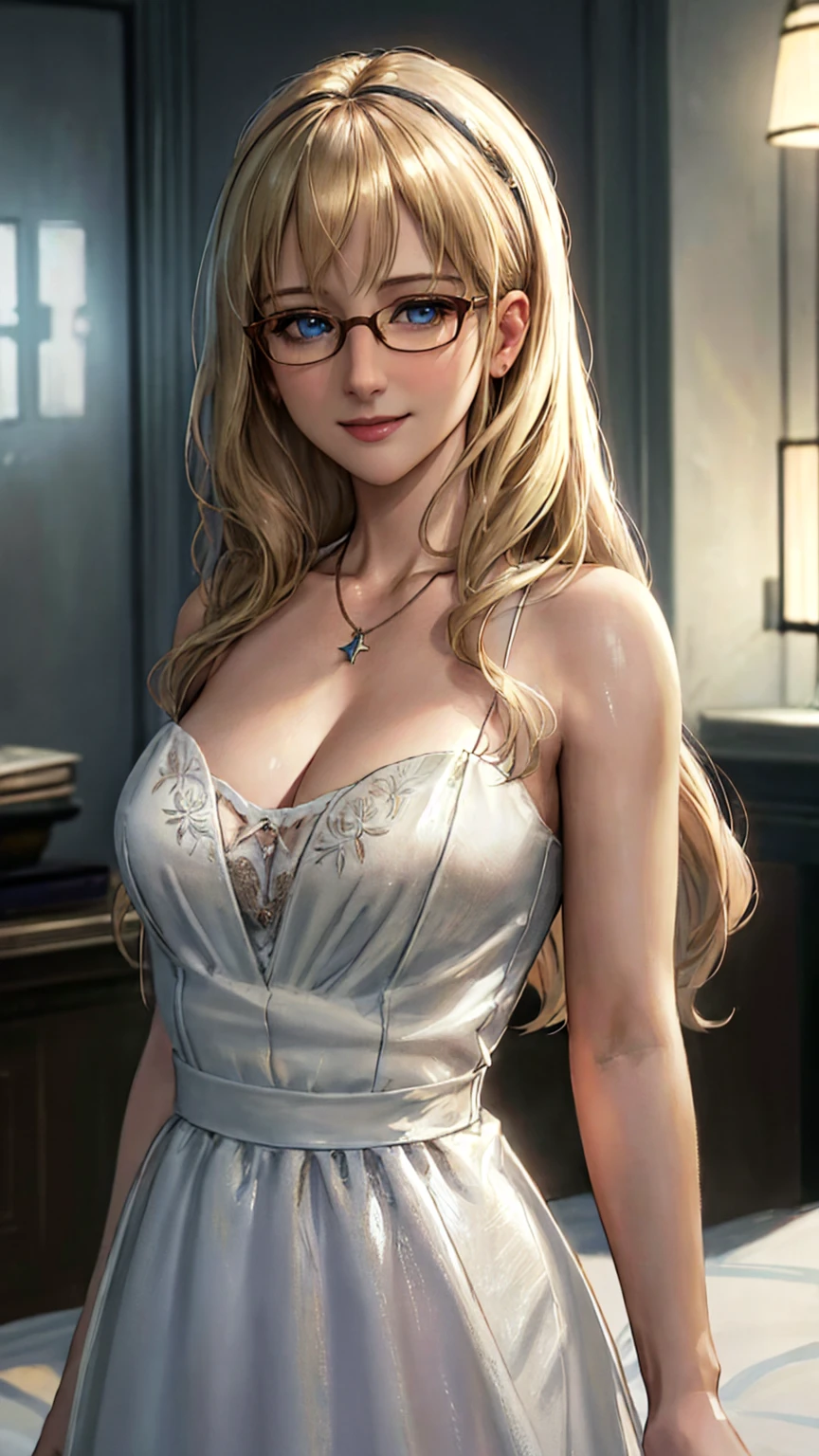 real, atmospheric scene, masterpiece, best quality, (detailed face, detail skin texture, ultra-detailed body),(cinematic light),
1girl, b3r2e6d3t7e-smf, solo, blonde hair, jewelry, necklace, glasses, smile, long hair, blue eyes, upper body, nude, realistic, lips