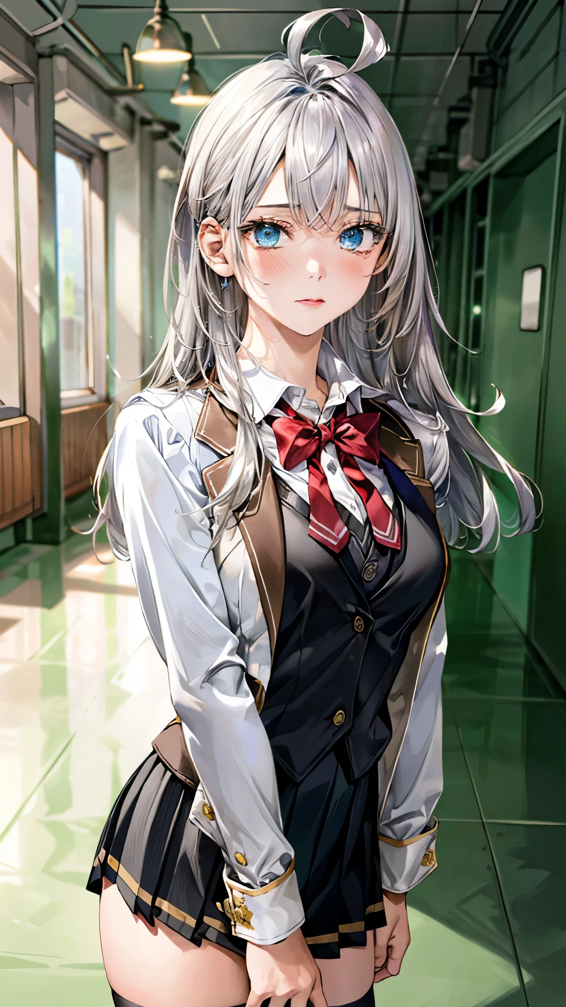 (masterpiece:1.3, top-quality, ultra high resolution, ultra detailed), (realistic, photorealistic:1.4), beautiful illustration, perfect lighting, natural lighting, depth of fields, ,
beautiful detailed hair, beautiful detailed face, beautiful detailed eyes, beautiful clavicle, beautiful body, beautiful chest, beautiful thigh, beautiful legs, beautiful hands,
looking at viewer, (front view), 1 girl, high school girl, alisa kujou, (perfect anatomy, anatomically correct), cute and symmetrical face, babyface, perfect face, perfect eyes, shiny skin,
(long hair, straight hair, sideburns, silver hair), crossed bangs, ahoge, blue eyes, slant eyes, long eye lasher, (medium breasts, seductive thighs), slender, outstanding style,
(schooluniform, short length long sleeve light brown blazer, black vest, black pleated skirt with white line, white collared shirt, white thigh-highs with gold line), red bow tie,
(beautiful scenery), evening, (school hallway:1.2), walking, hand between legs, (expressionless),