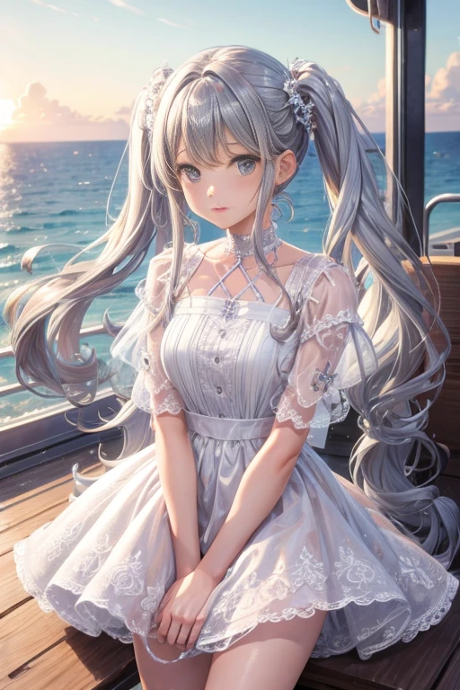 girl　long silver twintails　Cute detailed face　light yellow detailed lace Short dress　Seaside in summer  Skirts that flip in the wind　on yatch