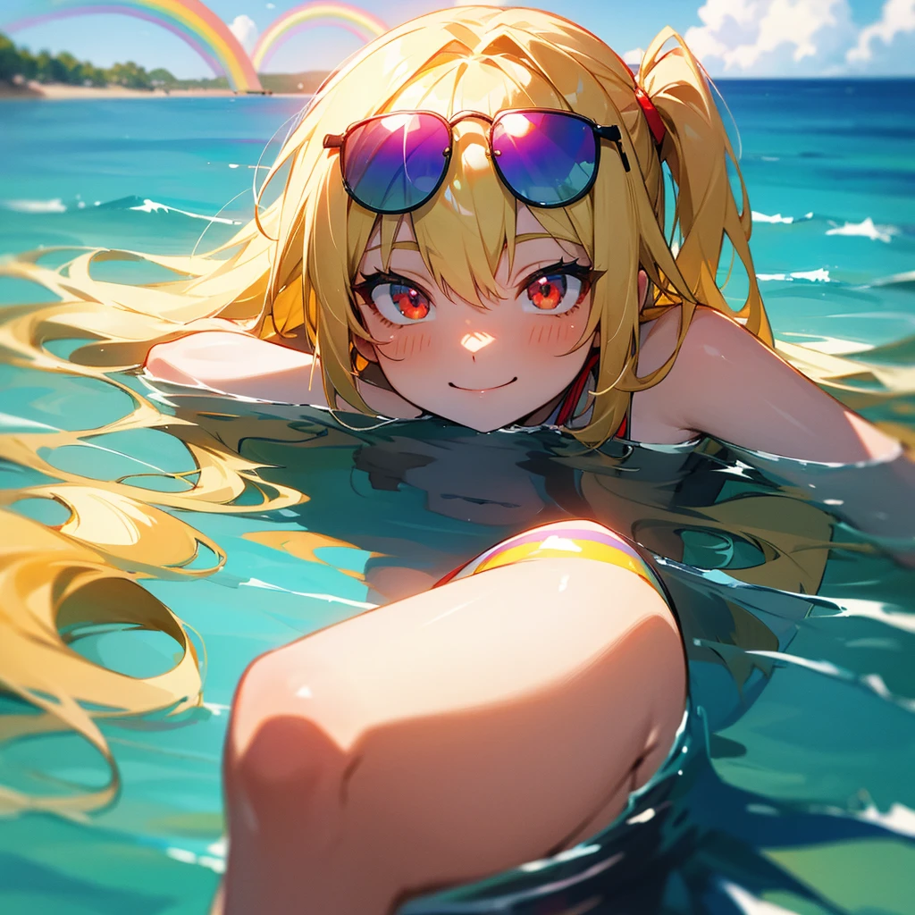 Smiling face, rainbow bikini, side-up blonde hair, ocean, red eyes, sunglasses on head