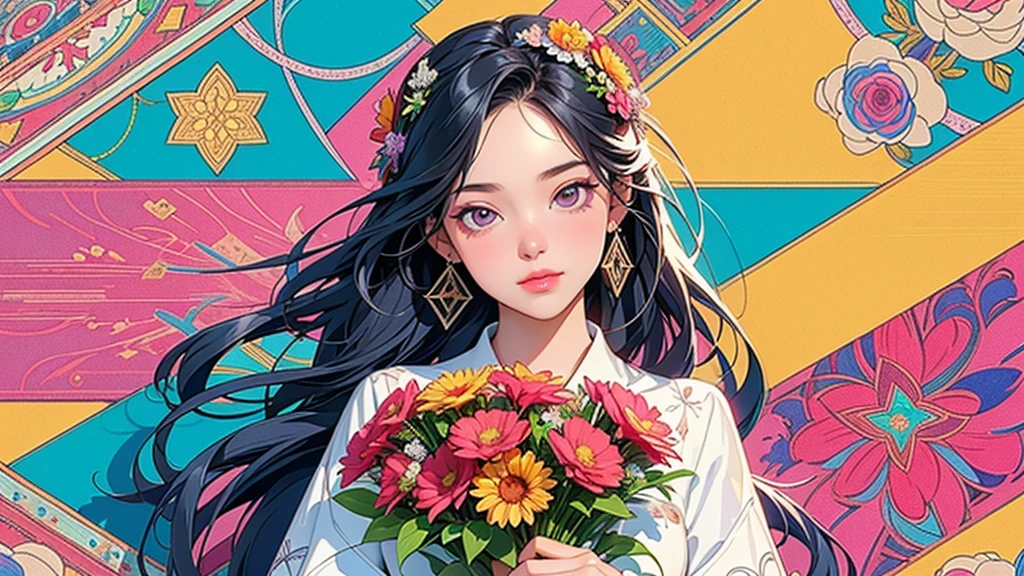 (ultra-Detailed Background, Detailed Background), Absurd, High resolution, Super detailed, Very detailed, One girl, (bouquet:1.3), (Tangled:1.2), (Geometric:1.2),(colorful),