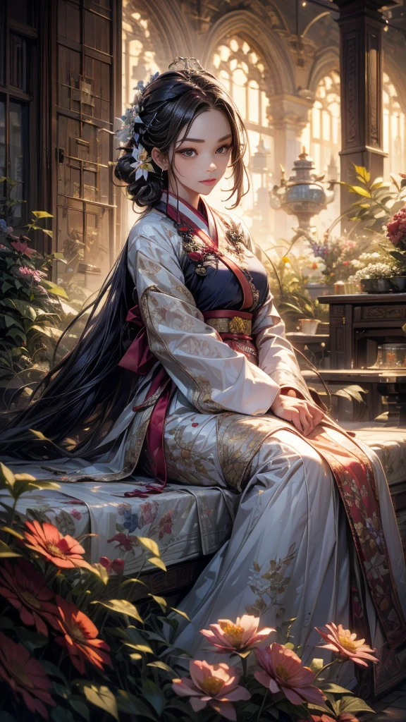Best Quality, high_resolution, distinct_image, detailed background ,girl, Hanbok,flower,garden,officer, evening,dutch angle, plano general, corona,