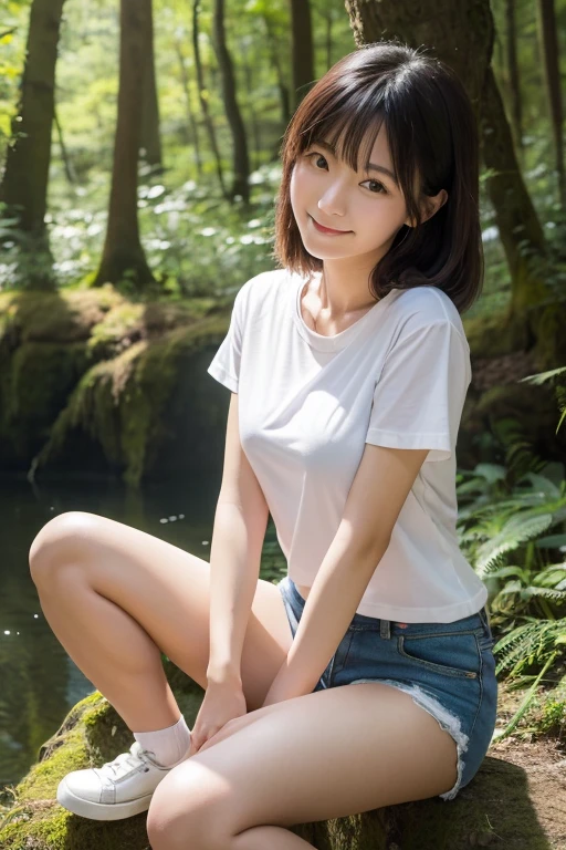 masterpiece,Highest quality,Surreal、Super detailed,8K resolution, RAW photos、Clear focus,(Girl in the forest)、A Japanese woman taking a photo wearing a white T-shirt and damaged denim shorts、Breast augmentation,Whole body posture、Lonely、Perfect body、become、Chest 32 inches、(A thoughtful smile:1), (Sexy pose), 21 years old、Light、White shoes, Nozomi Takemura, Oka Yasumoto, Chiho, Aoi Ogata、Mott Cave, Yoshitomo Nara, Kakinuchi Megumi, harumi, Kojima Deami、Marine Kitagawa