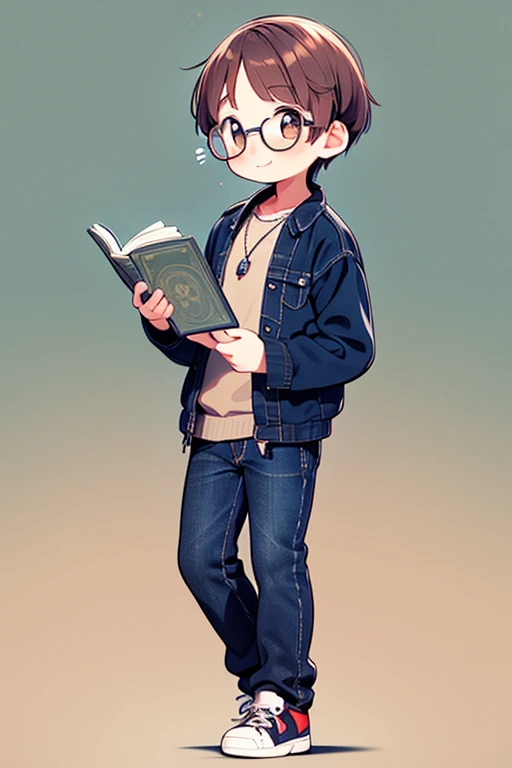 anime guy , showing full body and his shoes , dark brown eyes , light blue jean jacket , light brown shirt , redhaired short hair, black jeans , smiling face, handsome guy, 1 silver necklace with a little ball, round glasses, freckles on the nose and cheeks, blush face, standing up reading a book, black convers, nice background, pretty face, full body showing complete shoes, very manly but cute