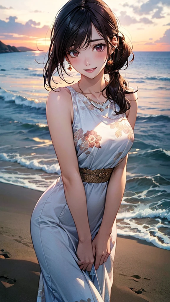 (masterpiece:1.2, Highest quality), (Realistic, photoRealistic:1.4), Beautiful illustrations, (Natural Side Lighting, Cinema Lighting), Browsing Caution,
View your viewers, 1 Girl, Japanese, Beauty、30 years old, Perfect Face, Cute and symmetrical face, Shiny skin, (Perfect Anatomy, Anatomically correct, Highly detailed skin)、
(Medium Hair, Black Hair、ponytail), Swept-apart bangs, Dark brown eyes, Droopy eyes, Long eyelashes, (Large Breasts:0.7), Slim body,
Beautiful Hair, Beautiful Face, Beautiful attention to detail, Beautiful clavicle, Beautiful body, Beautiful breasts, Beautiful thighs, Beautiful feet, Beautiful fingers,
(Floral long dress), Sandals、Earrings:0.2、necklace:0.5、
(Beautiful views,summer), Ocean, (beach)、 Are standing, (smile, Open your mouth a little),