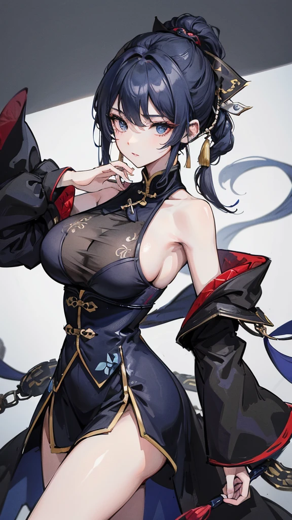 masterpiece, Highest quality, 1 female, Mature Woman, sister, Young girl, Royal Sister, Cold expression, strong, blue eyes, Wolf Cut Shorthair, Smoky mix navy blue hair color, resolute eyes, Simple black and white Taoist Taoist uniform, Long red earrings, Chinese Mixed Morden, Front view, Blank Background, Remove Background, Wolf Cut Hairstyle, anime, figure,, whole body、Very large breasts、Shapely breasts、valley、