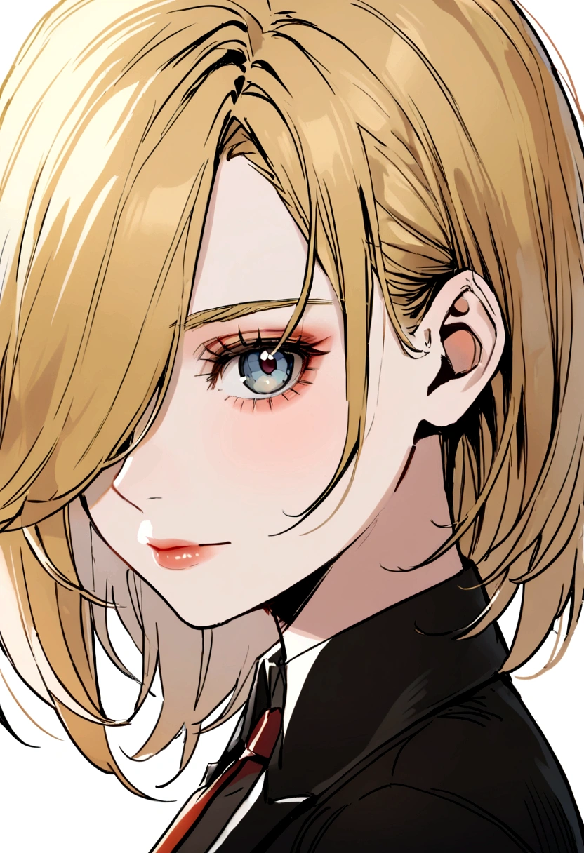 portrait of european girl,solo,20yo,beautiful face,uppser body,hair over one eye,medium sidecut, blonde hair, sharp focus,black business suit