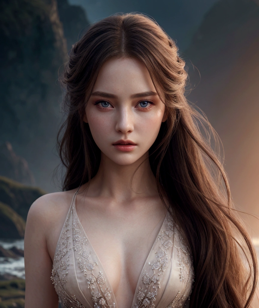 1 girl, cinematic, intricate detailed face, detailed eyes, detailed lips, porcelain skin, flowing hair, elegant dress, serene expression, dramatic lighting, cinematic atmosphere, fantasy landscape, magical realism, vivid colors, high quality, photo-realistic, 8k, back turned