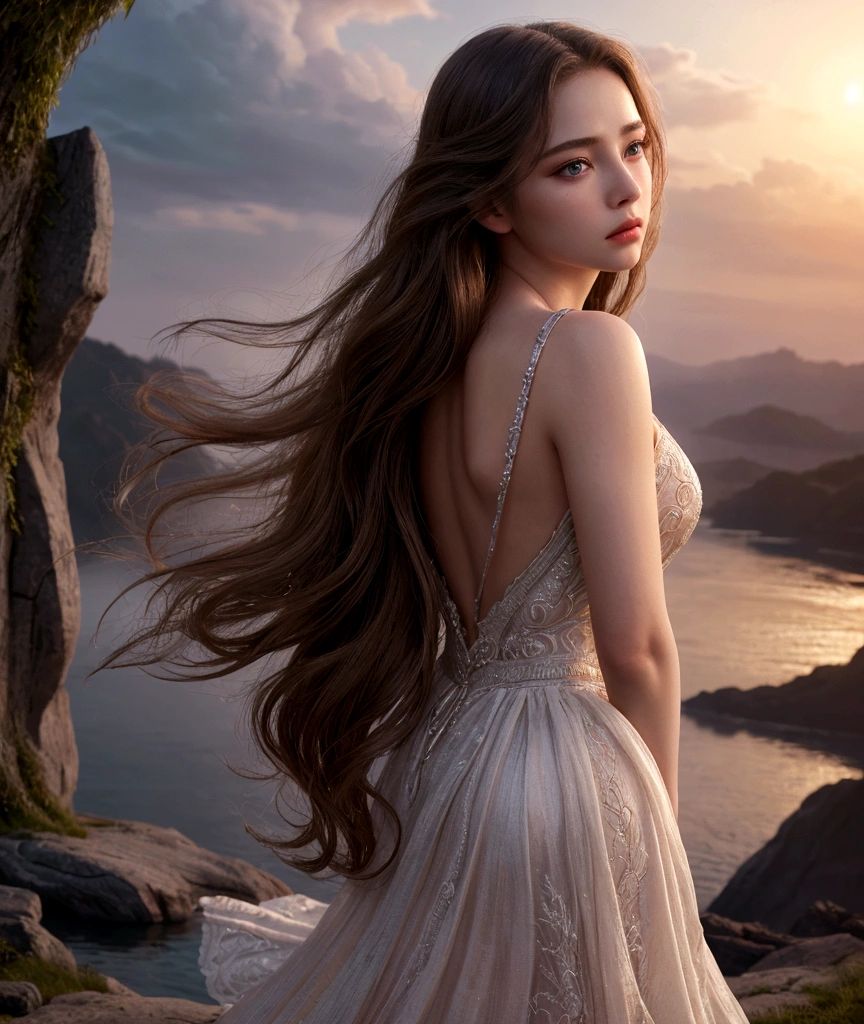 1 girl, cinematic, intricate detailed face, detailed eyes, detailed lips, porcelain skin, flowing hair, elegant dress, serene expression, dramatic lighting, cinematic atmosphere, fantasy landscape, magical realism, vivid colors, high quality, photo-realistic, 8k, back turned