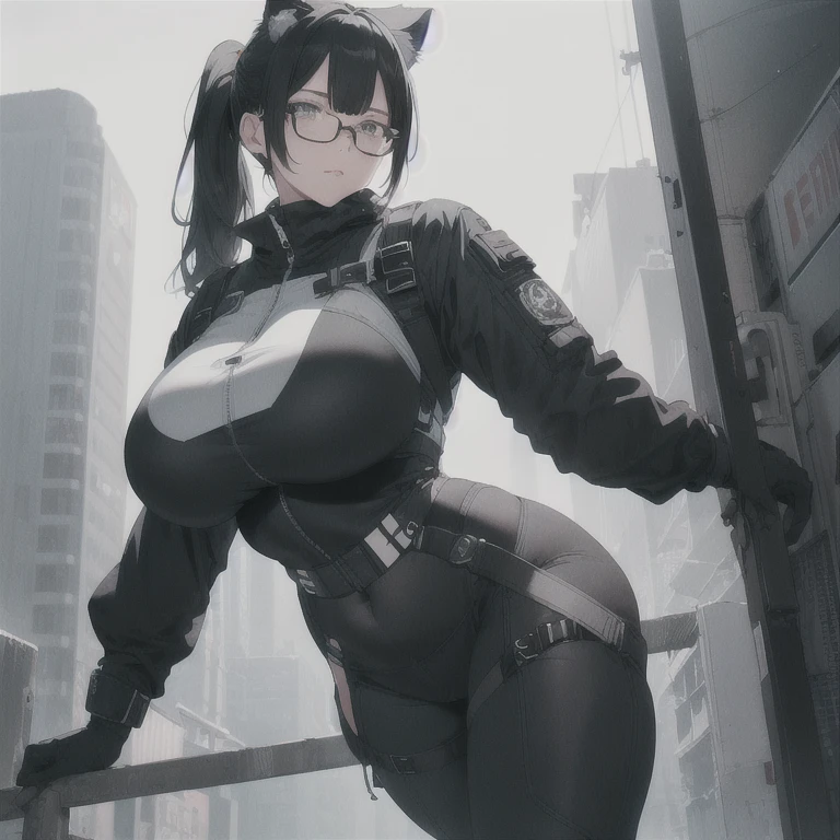Absurd resolution,high resolution,(masterpiece: 1.4),hyper-detail,fullbody shot head to toe,full frontal camera perspective,solo,shorter,standing, glasses,kemono feline cat futanari, , puffy inverted nipple silhouette,no skin other than neck and head shown,pilot suit with crotch padding,black hair,messy ponytail,cute face,detailed soft grey luminous eyes,huge massive hyper super swollen heavy milky breasts,breasts so big that cover her whole torso and are bigger than her head while being so big they reach her belly button,extremely super large swollen perky heavy bust,super huge enormously gigantic tits,gigantic breasts stretching/straining out of her outfit looking like they are about to burst out,breasts compressed squishing barely contained in outfit,inflated breasts,breasts_expansion,super gigantic swollen heavy tits,wide full hips,narrower torso and shoulders,smaller torso,narrower waist,full thicc big soft thighs,thicc big full thighs,big rounded full soft butt,thicc butt,ruggedized utility styled outfit,fully insulated suit,full body outfit coverage with no skin showing or revealed,airtight/watertight zippers and seals,scifi monochrome black and grey fullbody covering protective padding rugged loose-fitted pilot utility suit with strategically placed protective padding,white zipped utility cropped top for breasts support with a black strap horizontal across cleavage worn on top of suit,tactical strategic angular-patterned protective padding on hips and thighs and abdomen,practical/functional clothing,weather-proof durable clothing material,nylon clothing material,custom made clothing to fit and support large breasts,scifi padded rugged rigid high collar cropped cutout fitted techwear jacket,armored high collar,white and black triangular decals and techwear iconography on apparel and clothing,techwear gloves,ruggedized tech,ruggedized tech aesthetic,fitted utility pants,utility chaps,near future scifi,cyberpunk aesthetic,anime aesthetic,tactical aesthetic