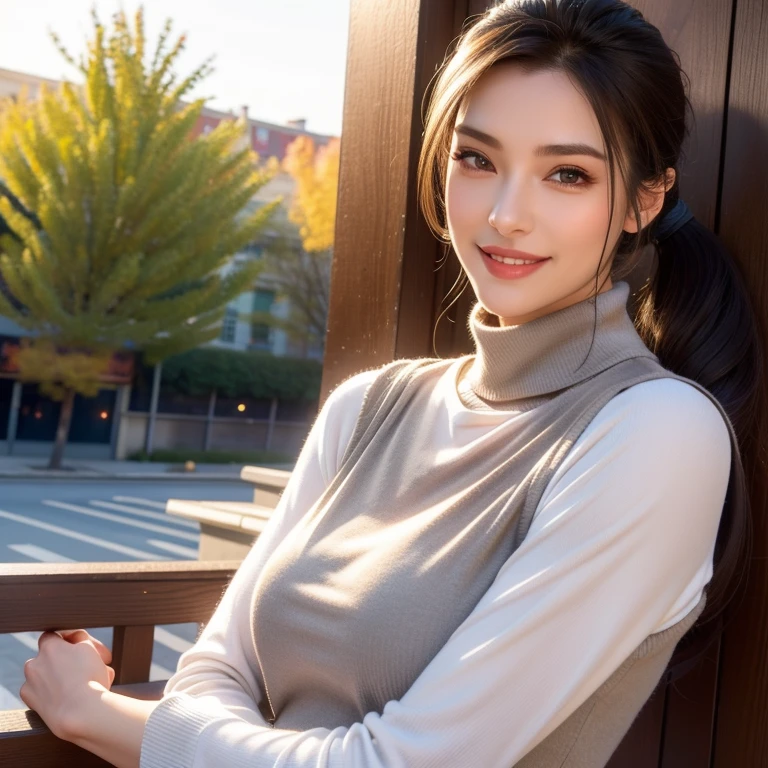 a beautiful young woman in a casual outfit, ponytail, detailed face, alluring eyes, full lips, large bust, turtle neck t-shirt, gray vest, outdoor date setting, soft lighting, warm colors, photorealistic, 8k, cinematic, beautiful detailed eyes, beautiful detailed lips, extremely detailed face and eyes, long eyelashes, intricate clothing textures, elegant posing, warm smile, romantic atmosphere