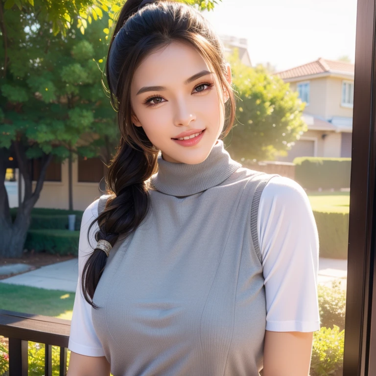 a beautiful young woman in a casual outfit, ponytail, detailed face, alluring eyes, full lips, large bust, turtle neck t-shirt, gray vest, outdoor date setting, soft lighting, warm colors, photorealistic, 8k, cinematic, beautiful detailed eyes, beautiful detailed lips, extremely detailed face and eyes, long eyelashes, intricate clothing textures, elegant posing, warm smile, romantic atmosphere