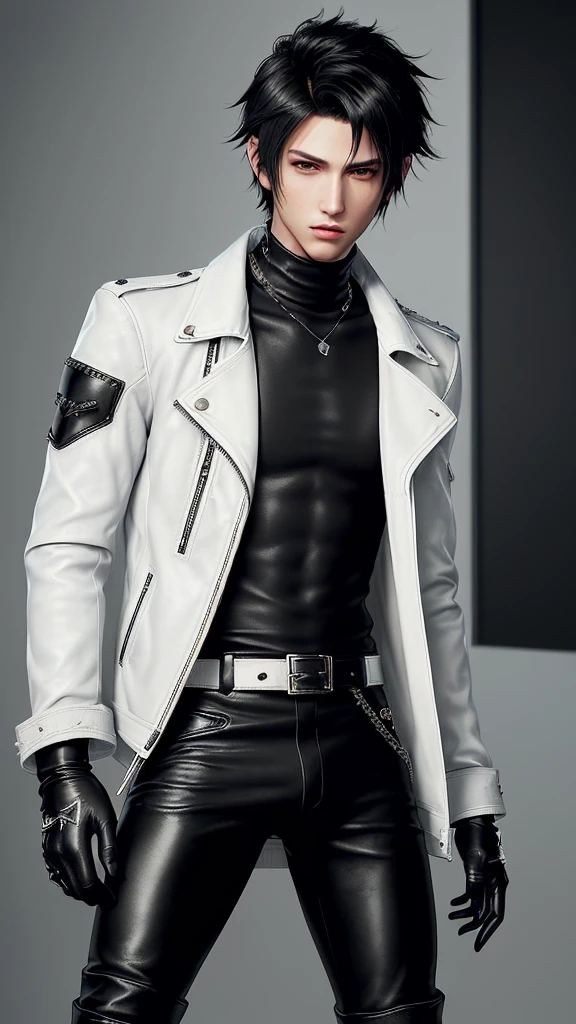 Final fantasy taste and reality graphics, Japanese young cute and cool ikemen  boy, his age is early 20s, thin eyebrows and beady eyes,  he wearing off white color leather thick singlebrest biker jacket, with epaulet,  must close the front of the leather jacket, jacket is biker style, jacket is voluminous, , jacket collar is high length stand-up collar with belts, jacket is a little black line pattern,close the front of the jacket, also wearing black thick turtleneck lackluster shirts,  tight black leather pants, shiny black leather tight and thin glove, black leather knee-high raceup boots,must views  head-to-toe,must views whole body, boy looks like fashion model,Do not show skin from the neck down,leather jacket leather glove and leather pants have few wrinkles,boy in the room,