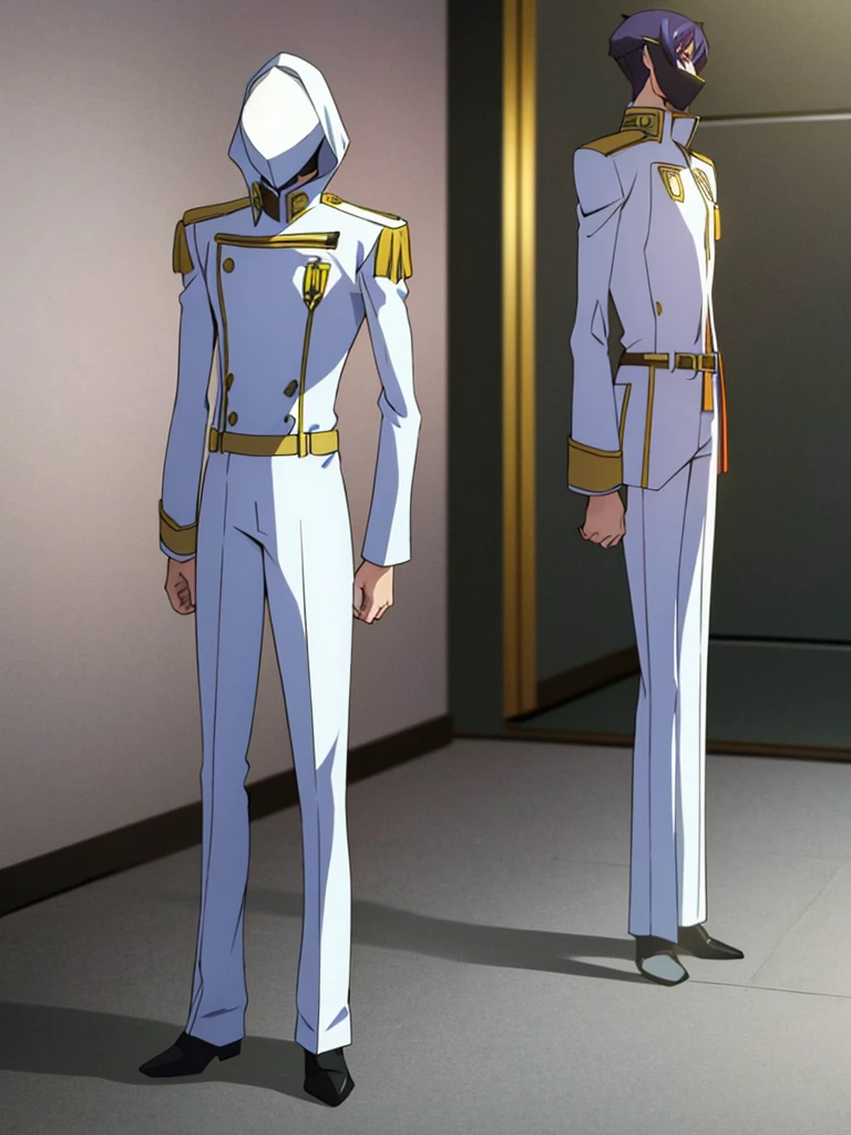 Male, teenager, officer, wearing white militaristic uniform clothes, a lapel, and a mask, athletic build, hands in pockets, standing at attention, daytime hall setting, lone figure, facing viewer, fully in frame, full body shot, Code Geass style, codeGeass, CODEGEASS