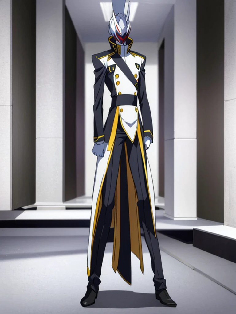 Male, teenager, officer, wearing white militaristic uniform clothes, a lapel, and a mask, athletic build, hands in pockets, standing at attention, daytime hall setting, lone figure, facing viewer, fully in frame, full body shot, Code Geass style, codeGeass, CODEGEASS