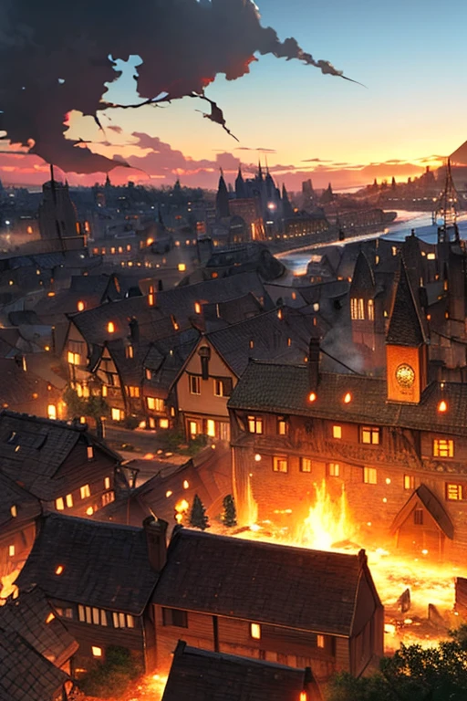 Medieval village on fire, Destruction, rubble, animation style..