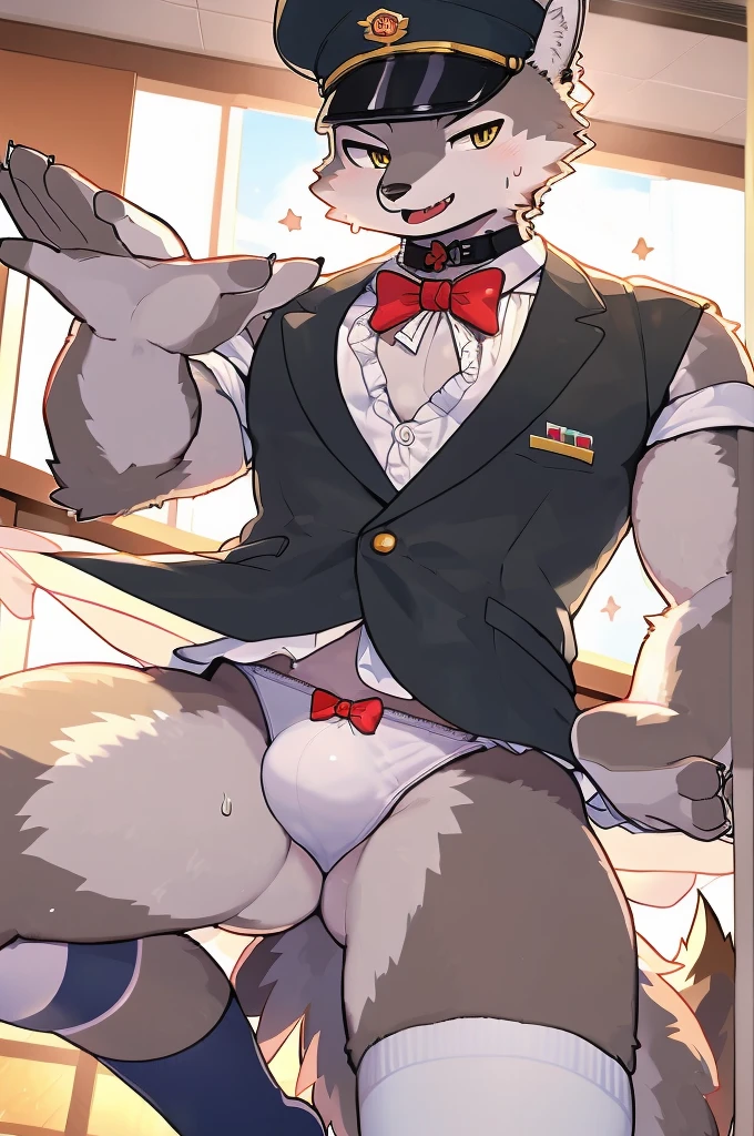 Highest quality、Sexy  gray wolf beastman、Skimpy micro underwear、Shota、maleの子、male、Sweat、Embarrassing、Gay、School classroom、cute、Knee-high socks、frilled choker、Obscene language、Showing tongue、toplesagazine cover style illustration、bow tie、salute、military cap、Get a tip、セクシービキニを着たmale性、Two people