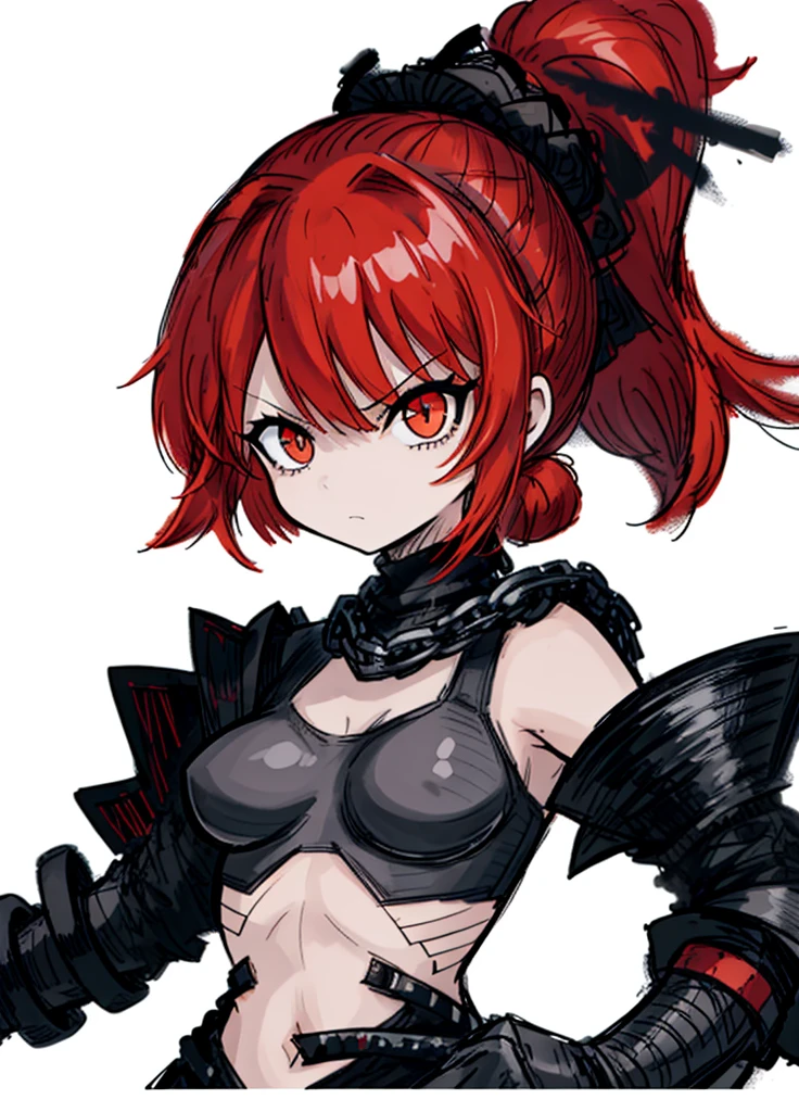1girl, orenge eyes, red hair, chain mail, ponytail, nice clothes, (high resolution, high detail, best quality),
black background, angry, axe,small breasts